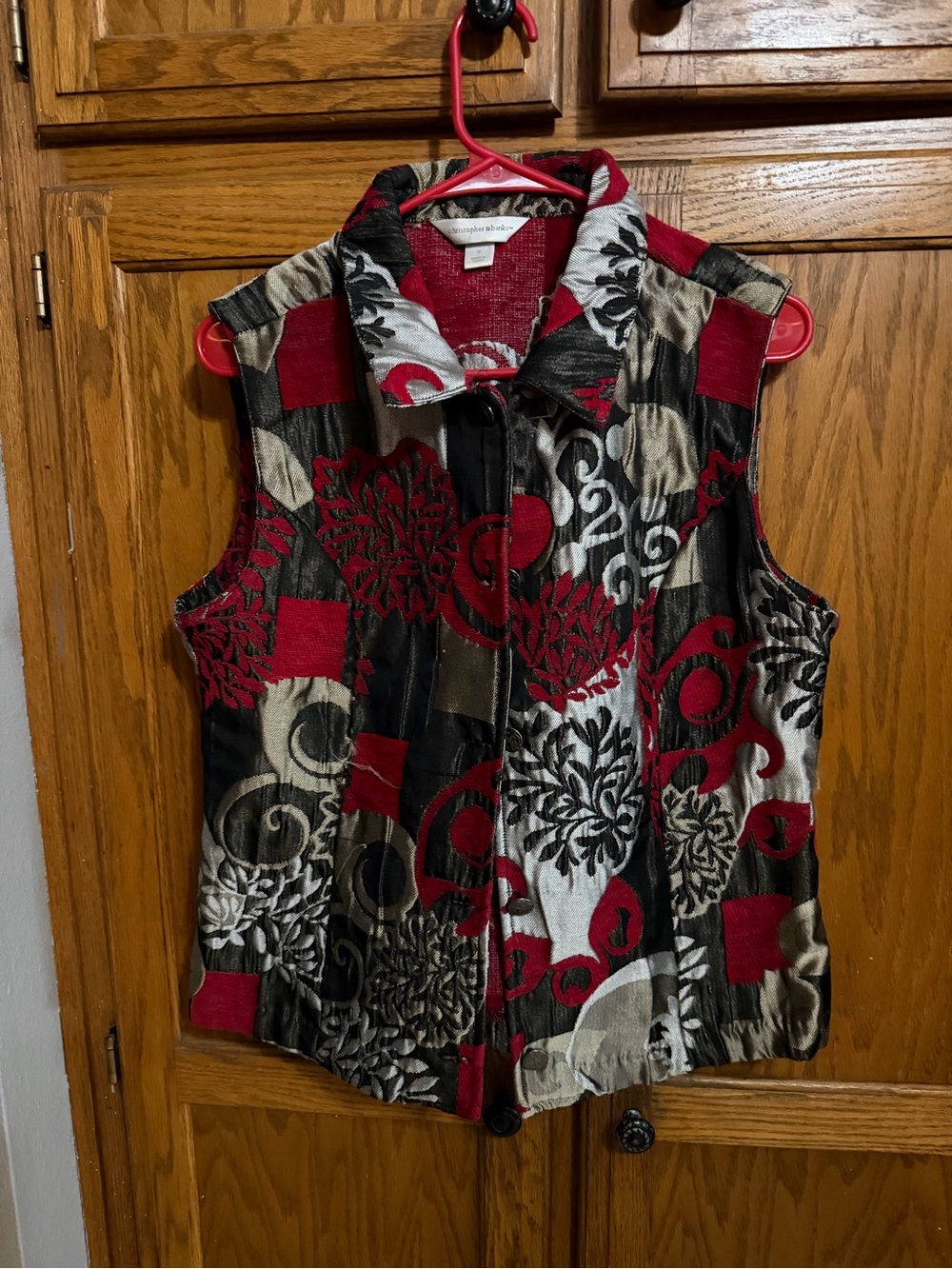 Christopher & Banks Red Black Cream Patterned Sleeveless Vest with Collar
